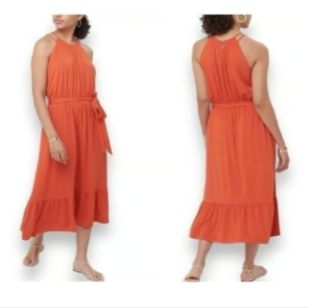 NWT Loft Flounce Halter Midi Dress Orange Medium M Women’s Tie Waist Button Back